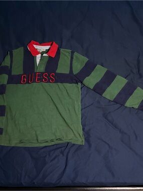 GUESS Green, Navy & Red Striped Rugby Polo
